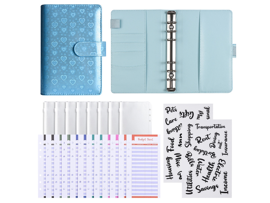 A6 Pu Leather Macaron Laser Refillable Notebook Budget Cash Planner, Standard Gift Set Love Blue, 12-budget Cards +
