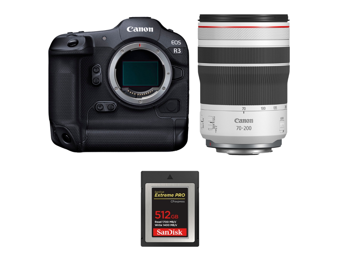 Eos R3 + Rf 70 200mm F/4 L Is Usm + 1 Sandisk 512gb Extreme Pro Cfexpress Type B + Ebook “20 Dicas para Fotos Que Impressionam” CANON
