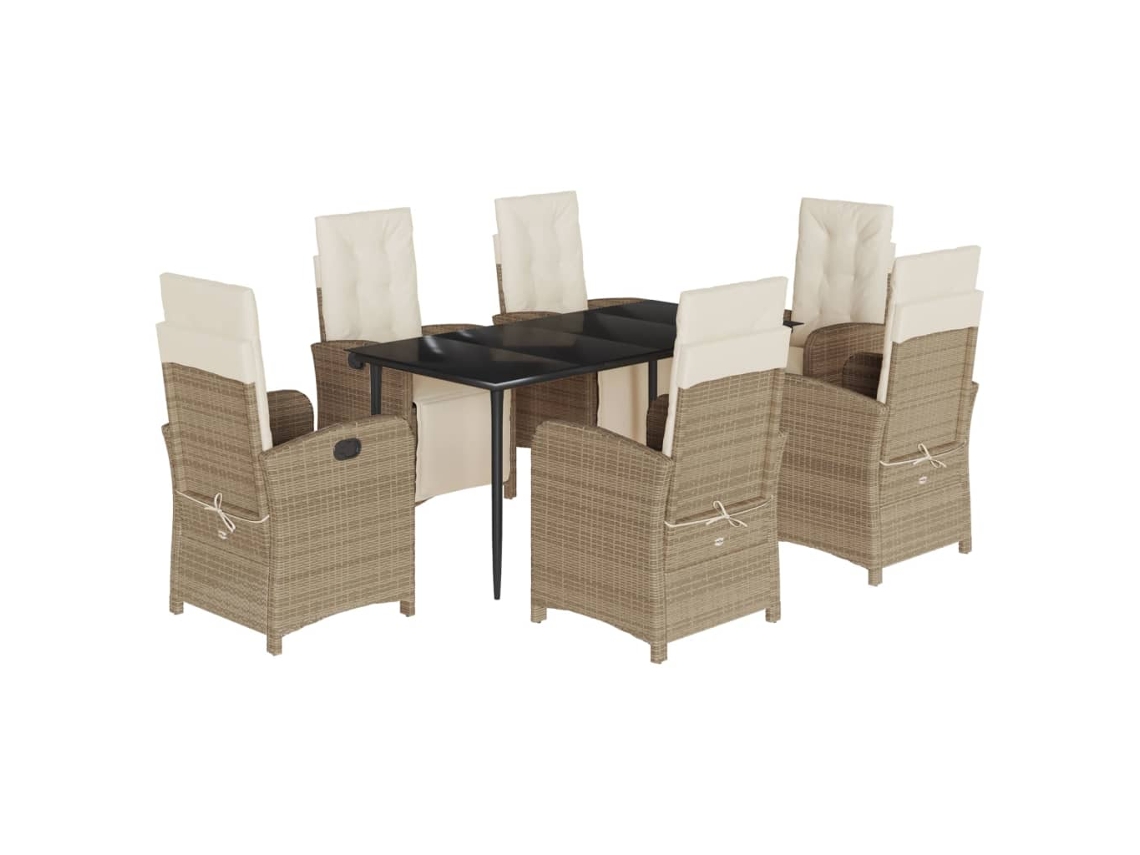 Conjunto 7 de jantar p/ jardim com almofadões VIDAXL vime PE bege
