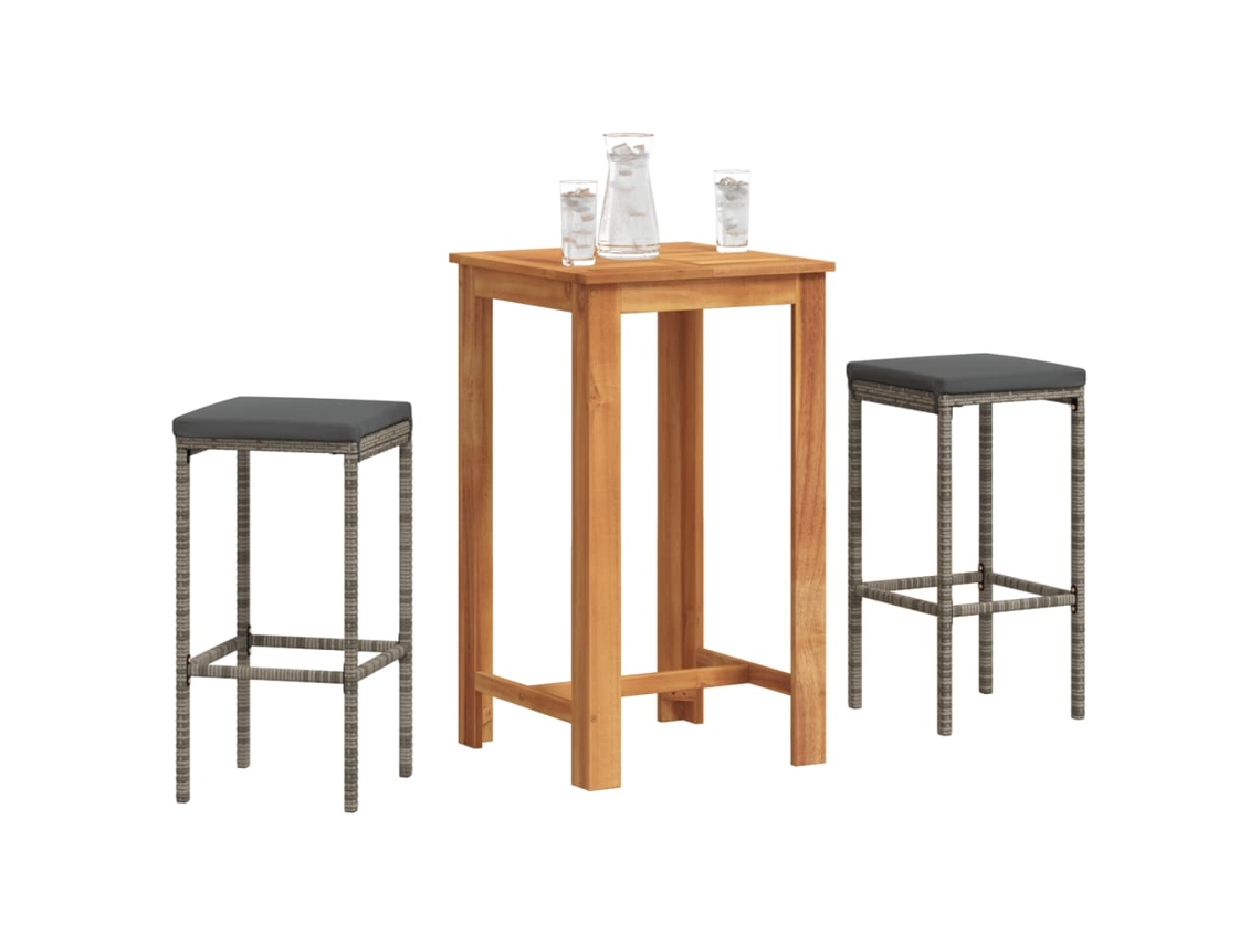 Vidaxl 3 Pcs Conjunto De Bar P/ Jardim Acácia Maciça/vime Pe Cinzento