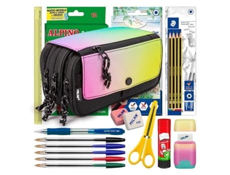 Estojo triplo Milan com 3 zíperes e material escolar incluso. Sunset Colepack