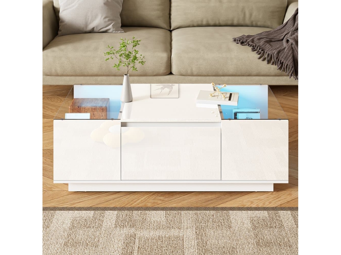 Mesa De Centro Moderna 105 Cm - Com Arrumação, Iluminação Led, 2 Gavetas, Vidro - Branco