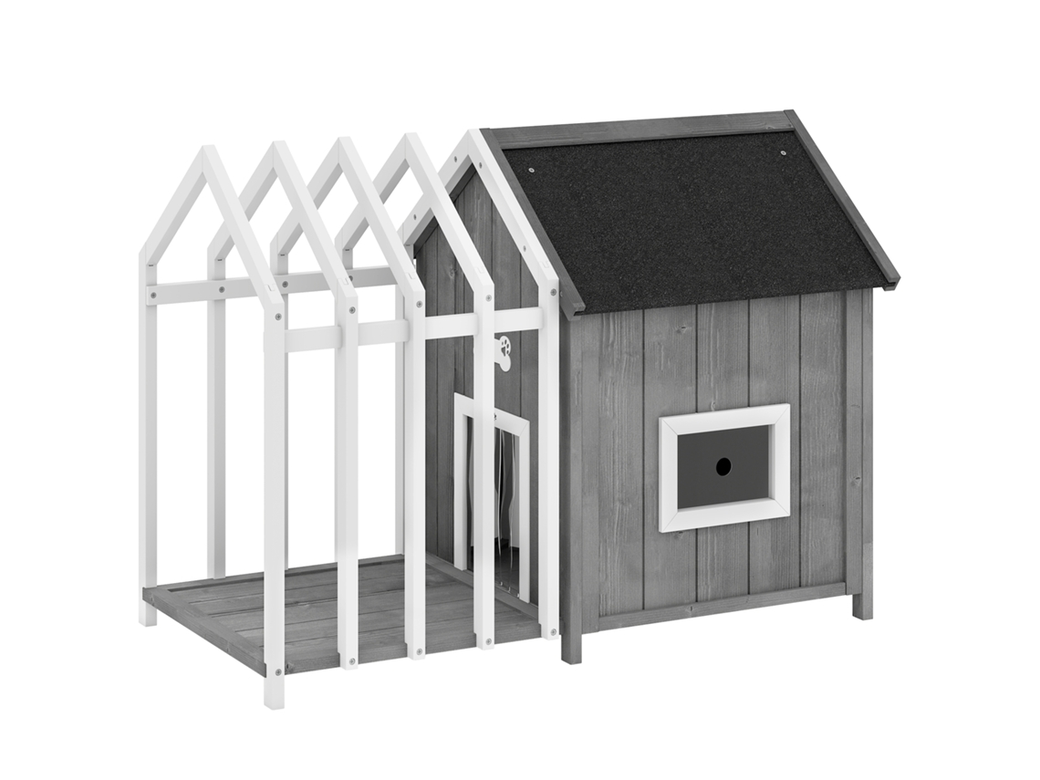 Casinha de Cão de Madeira Ao Ar Livre Casinha de Cão com Deck, Porta com Ripas, 106 X 62,5 X 80,5 Cm, Cinza Ge