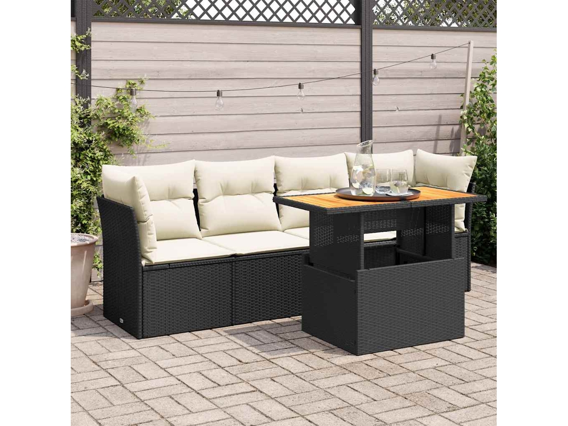 Vidaxl 5 Pcs Conjunto Sofás De Jardim Com Almofadões Vime Pe Preto