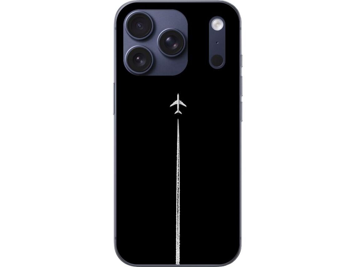 Capa Para Celular Compatível Com Apple Iphone 17 Pro. Avião Decolando Com Rastros De Condensação Em Fundo Preto, Design Minimalista E Impactante.