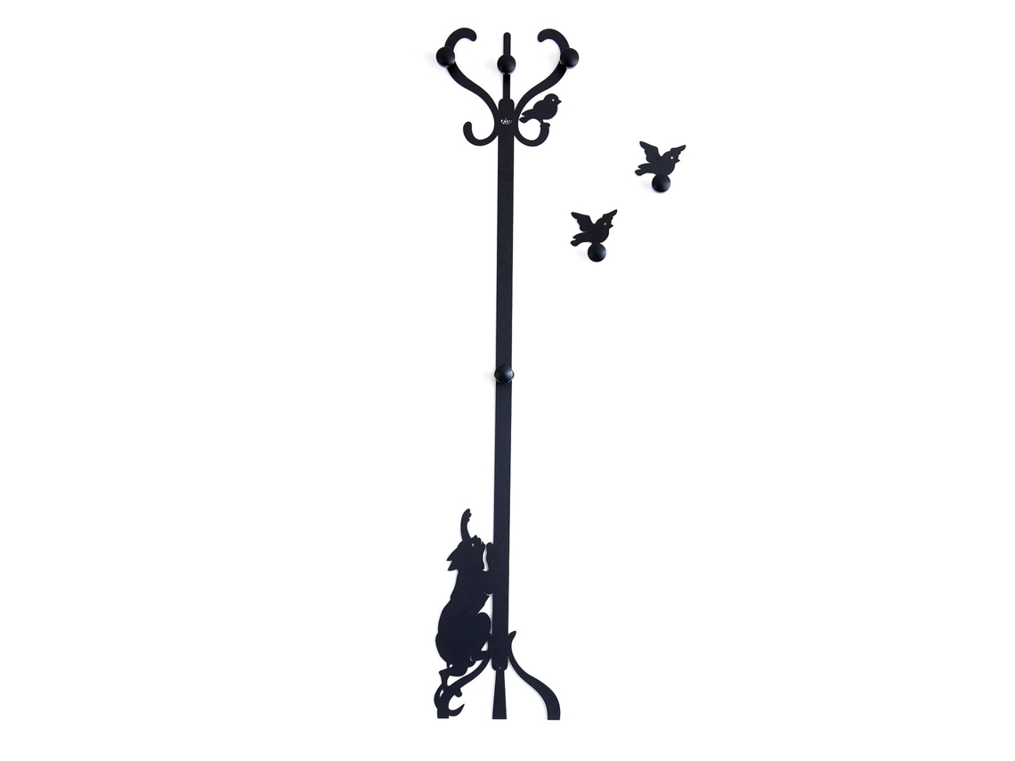 Cabide De Parede De Ferro Romeu E Os Pássaros Com Puxadores De Madeira, Design Decorativo Fabricado Na Itália 30x130 Cm, Estilo Romântico E Criativo