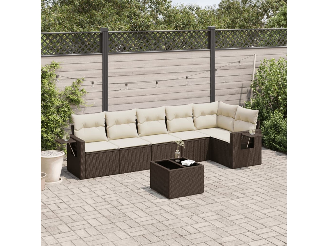 Vidaxl 7 Pcs Conjunto De Sofás Jardim C/ Almofadões Vime Pe Castanho