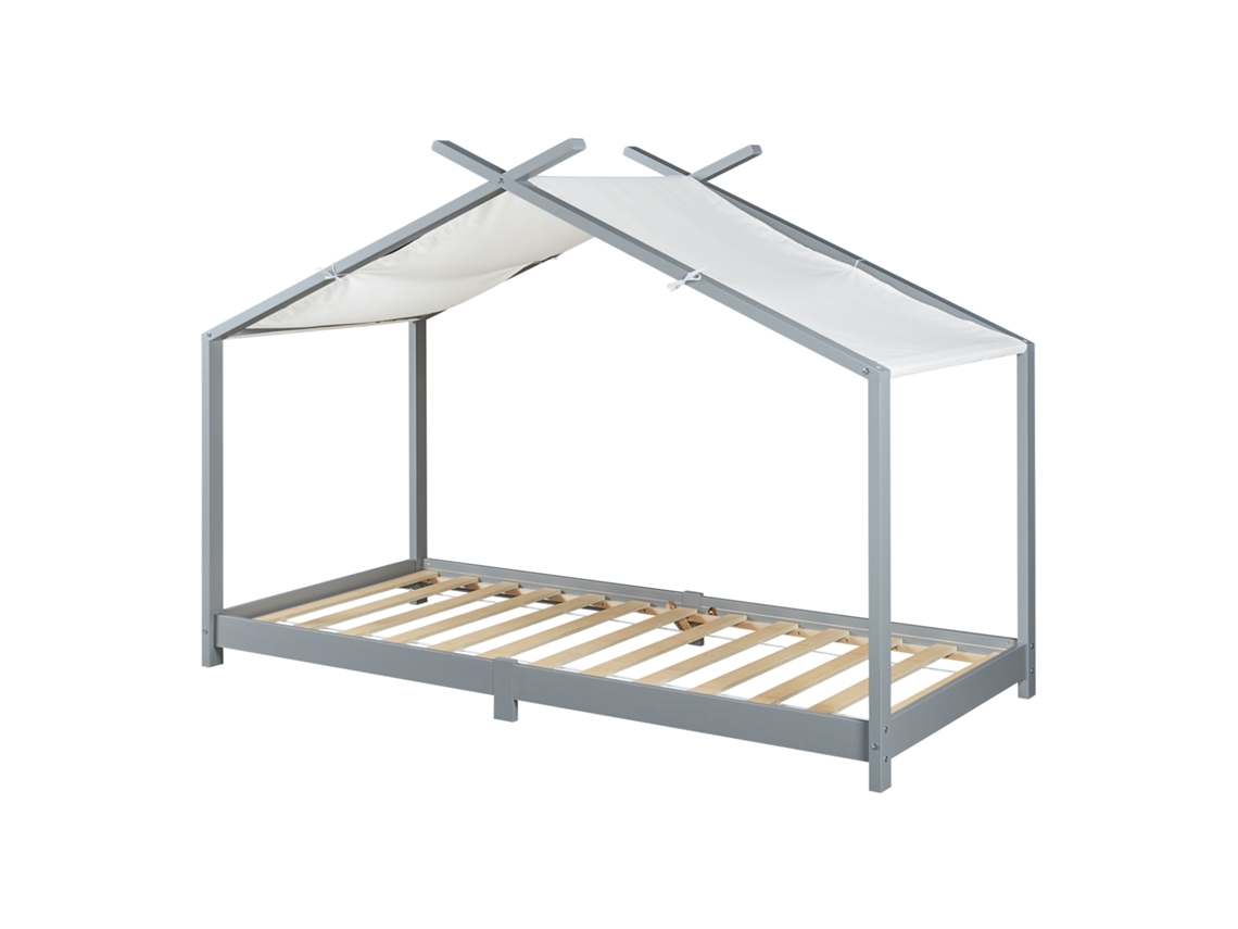 Cama de Criança Brome Forma Casita com Teto de Pinho 90 X 200 Cm Cinzento e Branco [EN.CASA]