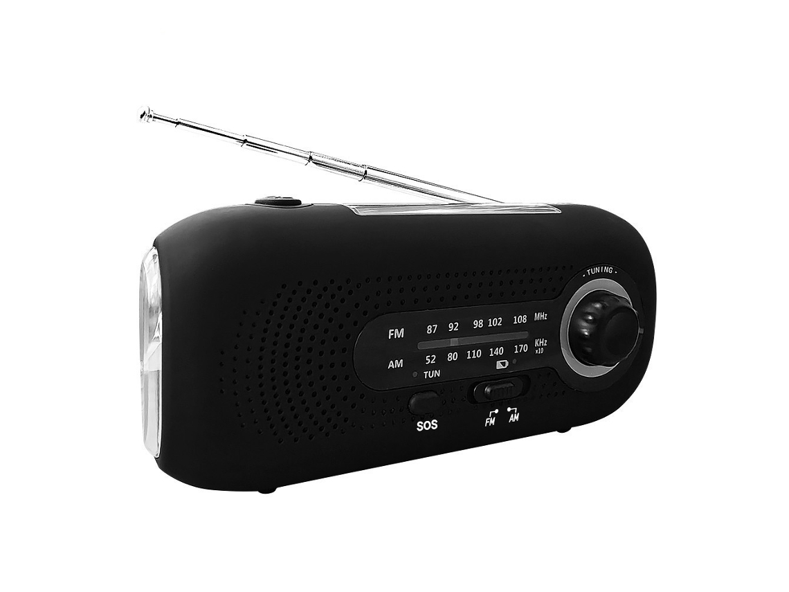 Rádio de Emergência com Células Solares, Manivela, 2000mah, AM/FM, Preto AQUAFORGE