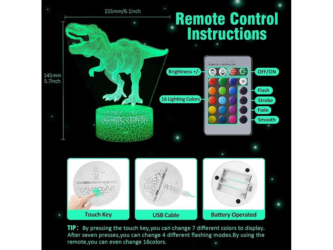 Lâmpada Ilusion 3d Dinossauro, Luz Decorativa 16 Cores, Presente de Aniversário para Crianças