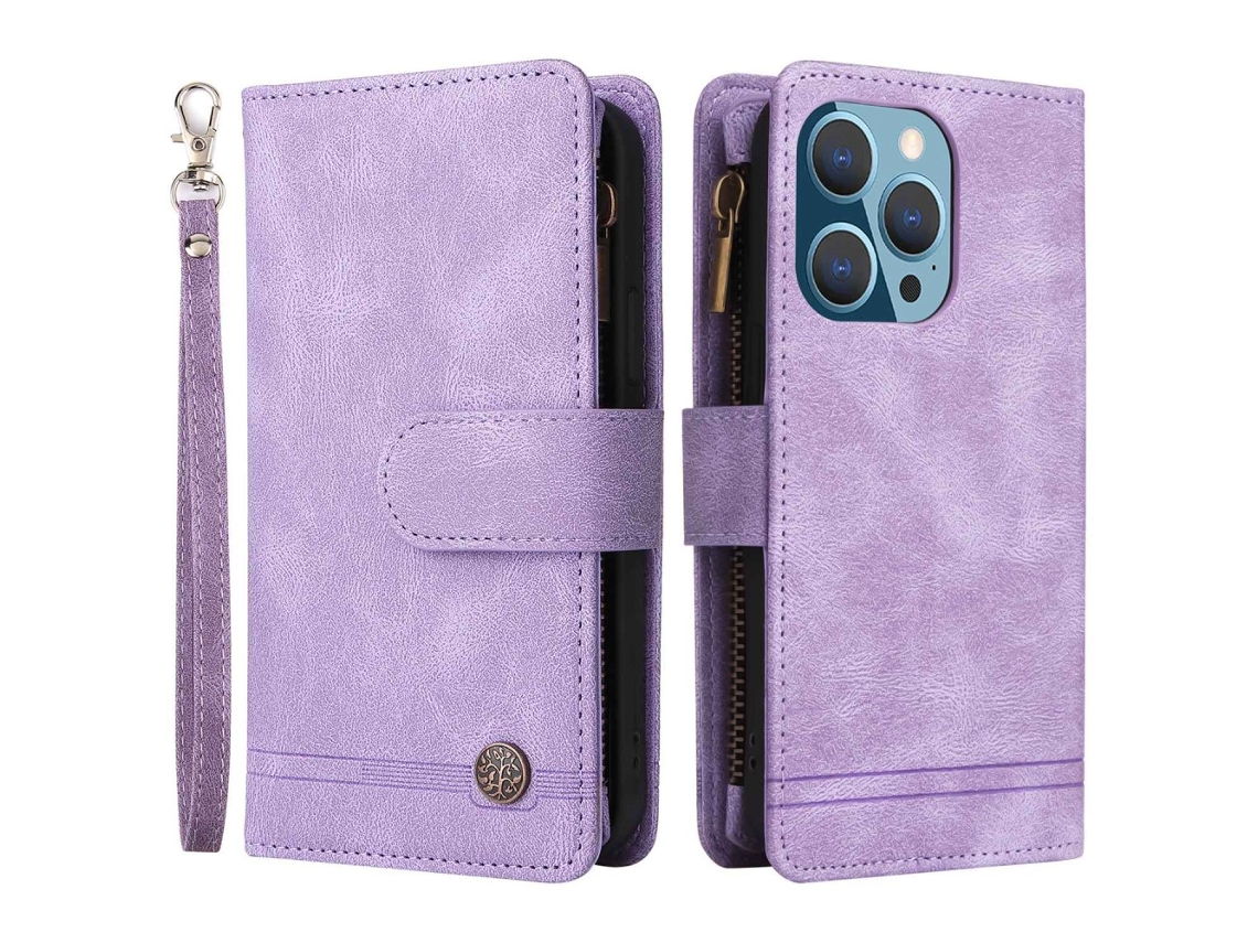 Capa Para Iphone 14 Pro Pele Sintética Anti-choque Com Porta-cartões Roxo