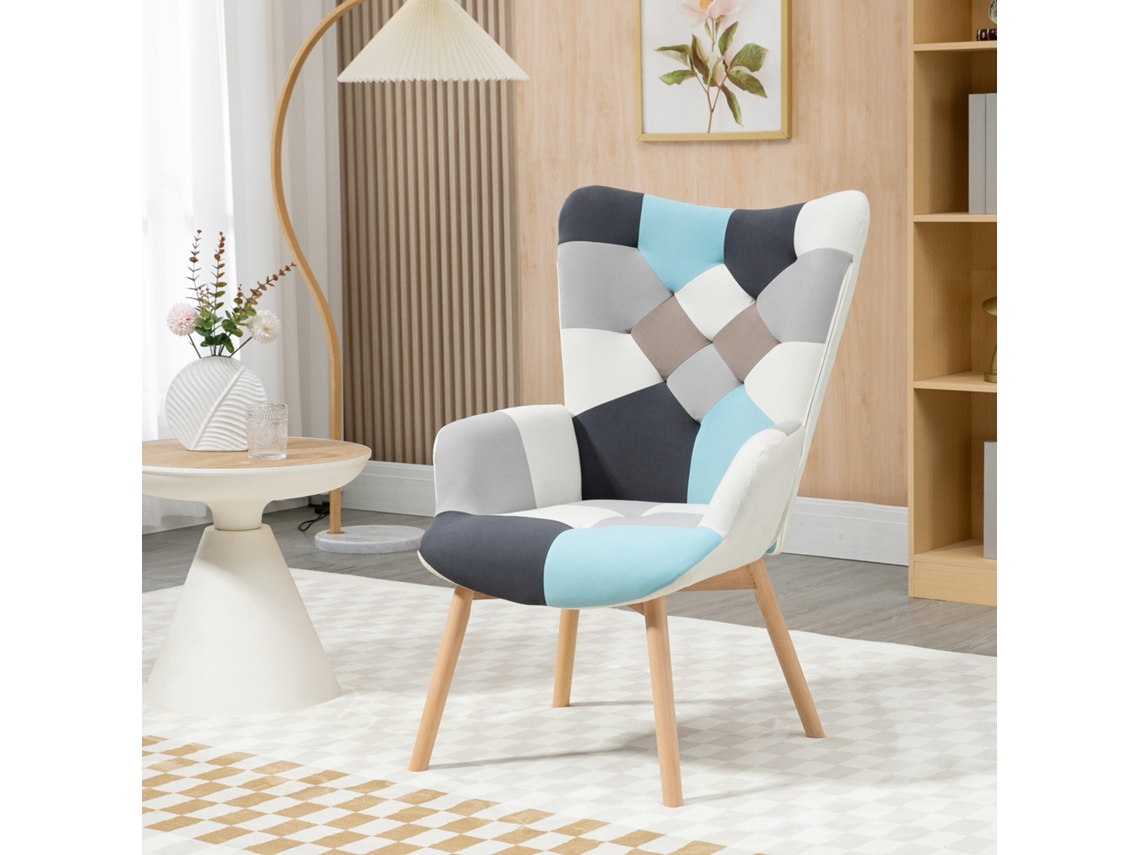 Poltrona De Veludo Acolchoado Para Quarto Com Pés De Madeira, 66x76x98cm, Multicolorida