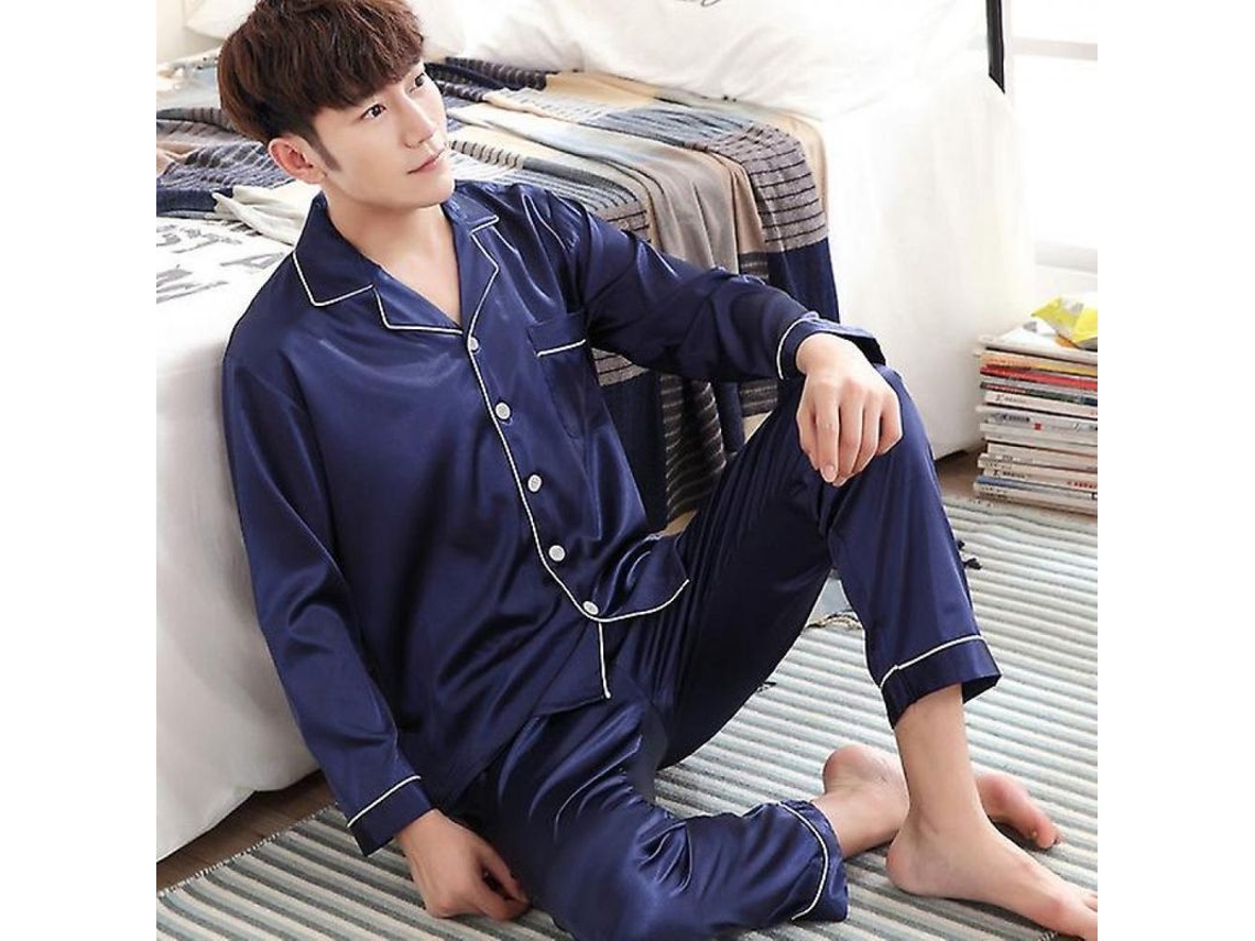 2026 conjunto de Pijamas de Seda Negra para Hombre Jm Junemaist Manga Larga Tallas L XL XXL XXXL Verano XL Pijama Masculino Azul