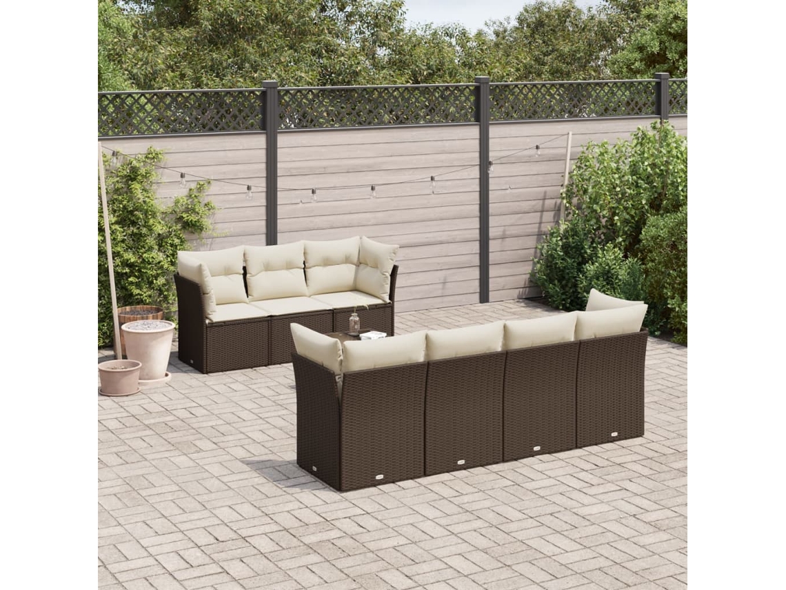 Vidaxl 8 Pcs Conjunto Sofás De Jardim C/ Almofadões Vime Pe Castanho