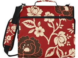 Pasta Resistente Com Zíper E Alça, Vários Bolsos Com Zíper, Estampa De Peônias Em Preto E Vermelho, Argolas De 7, 6x 3