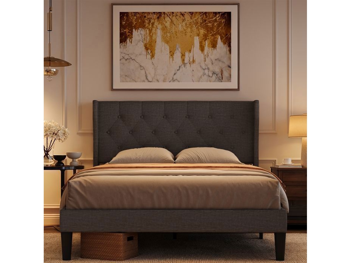 Cama Estofada Cinzento escuro Madeira Maciça 140 X 200 Cm BEALIFE