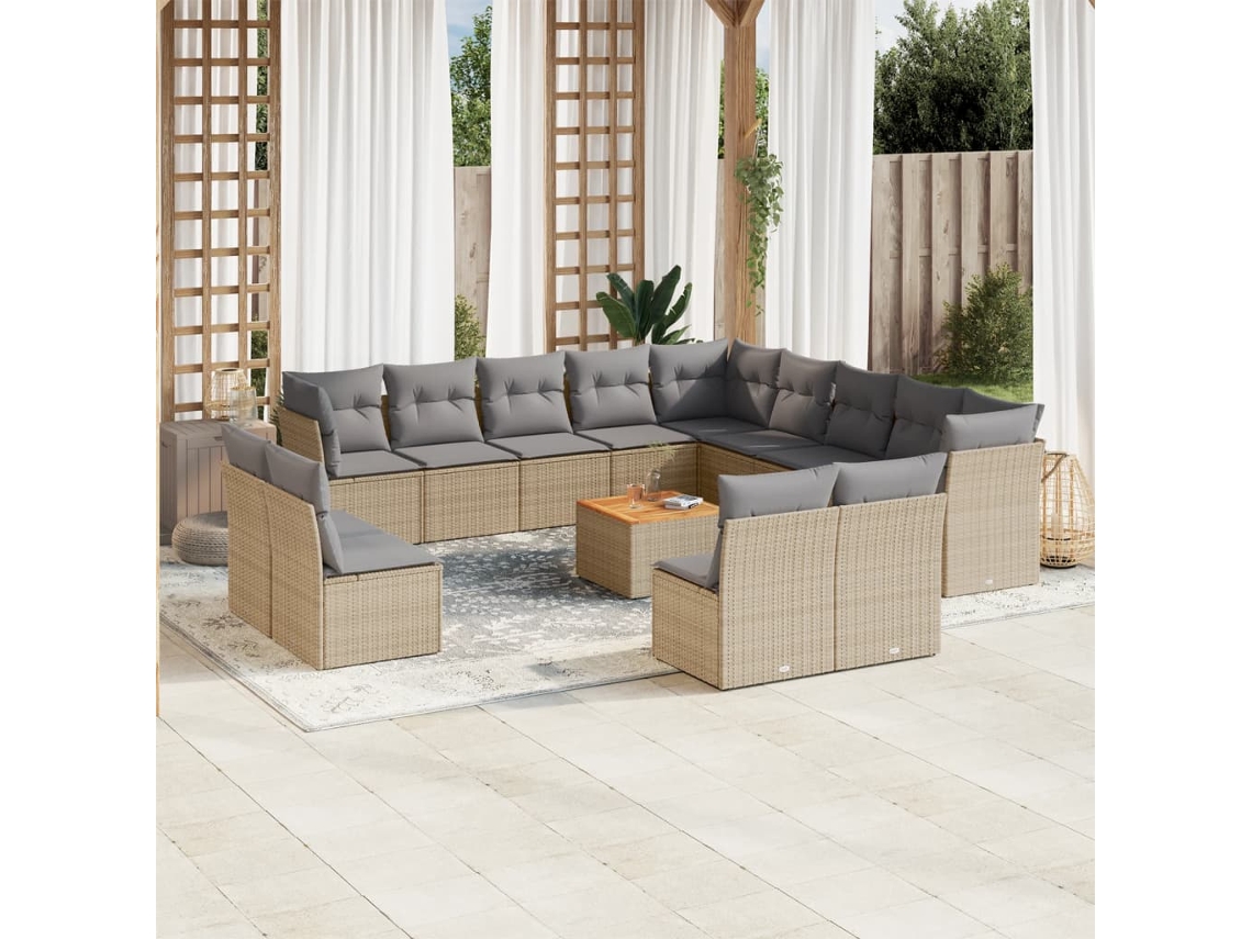 Conjunto de 14 Sofás para Jardim com Almofadas Vime Pe Bege Dkd Home Decor