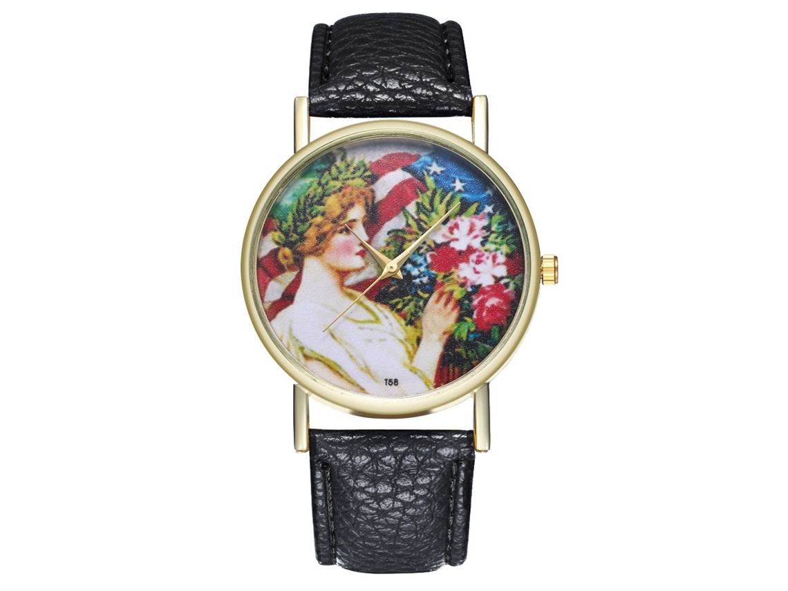 Relógio de quartzo unissex com pulseira casual de couro PU com estampa de desenho animado moderna (preto)