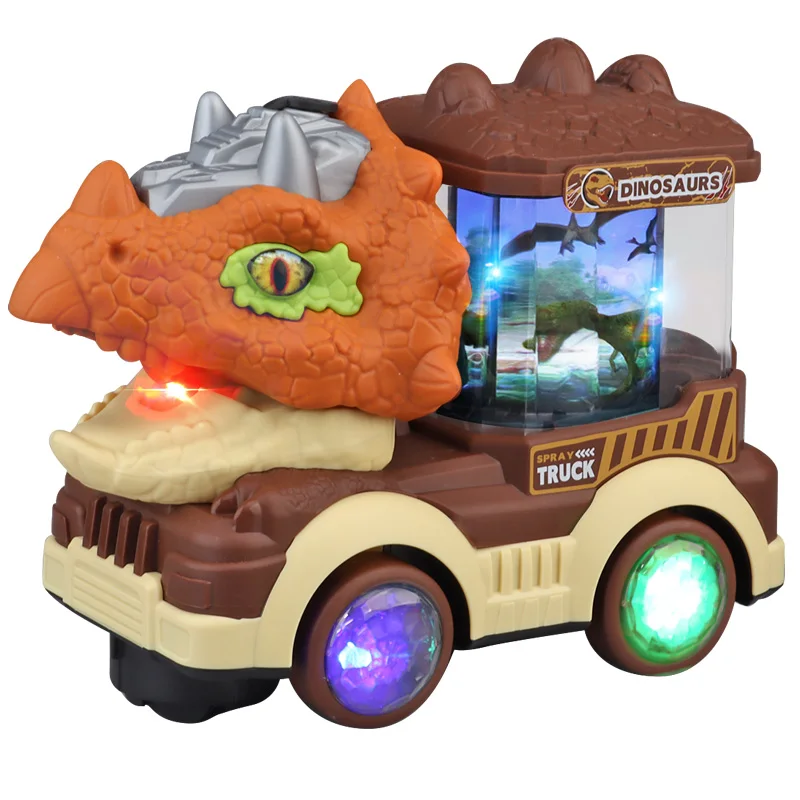 (marrom) Carrinho Elétrico Em Formato De Dinossauro Com Luzes, Música E Função De Esguicho De Água.