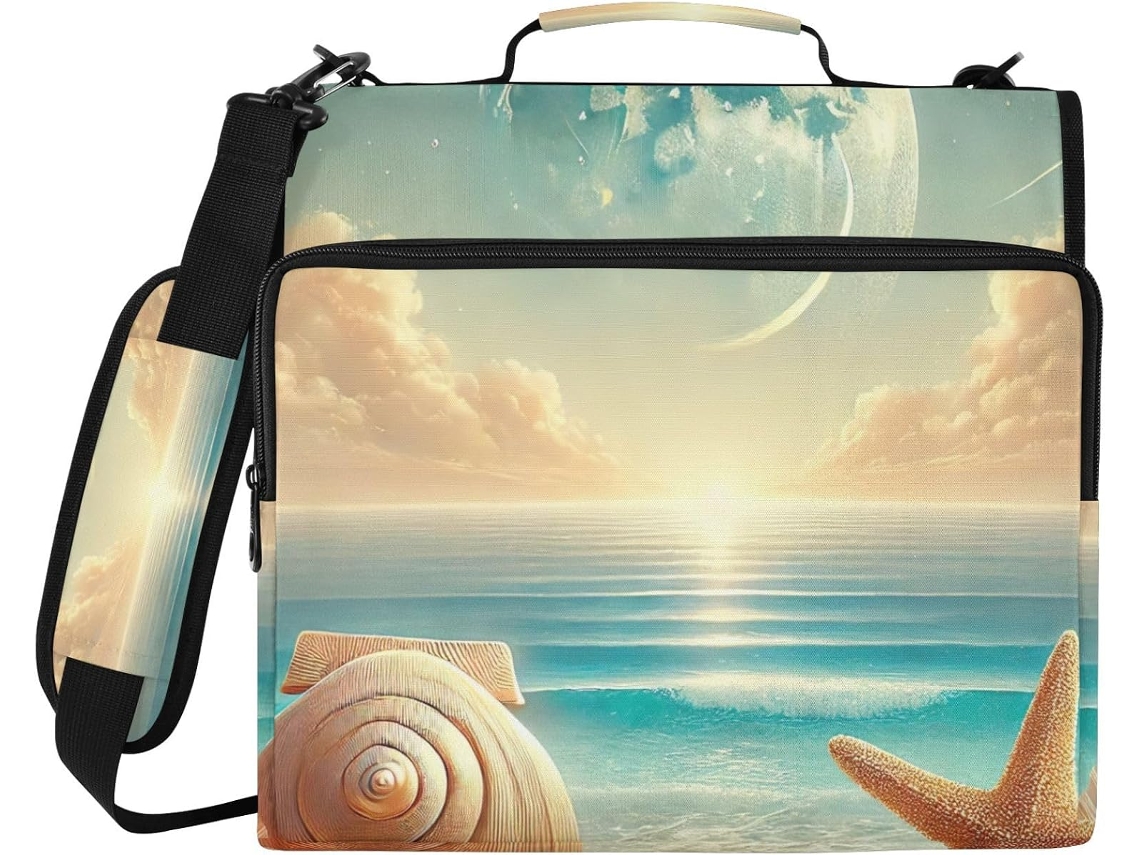 Organizador Seashell Beach Bege com zíper, compartimento para laptop, 3 furos para arquivos e espaço à prova d'água.