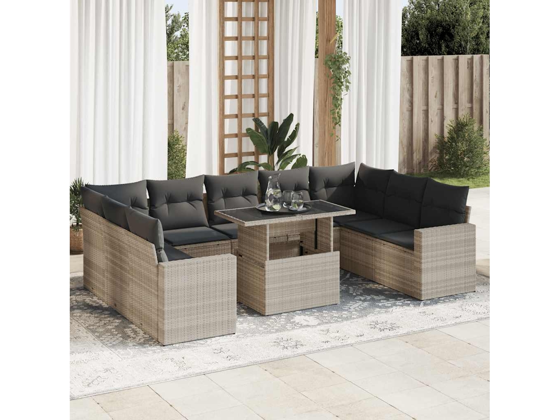 Vidaxl 10 Pcs Conj. Sofás Jardim Com Almofadões Vime Pe Cinzento-claro