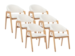 Conjunto de 6 cadeiras com braços em tecido frisado e madeira de hevea - Branco - SOLUNA VENTE-UNIQUE.PT