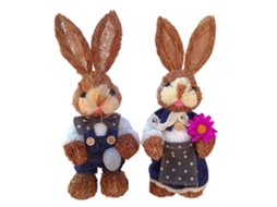 2pcs Figurinas de Coelho de Palha Artesanais Cute Casal Adorno Páscoa Decoração Casa 23cm | S/MARCA