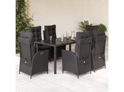 Vidaxl 7 Pcs Conjunto De Jantar P/ Jardim C/ Almofadões Vime Pe Preto