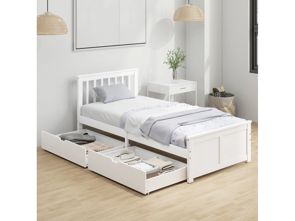 Cama De Solteiro, Estrutura Madeira, Gavetas Sobre Rodas, 90x200 Cm, Branco