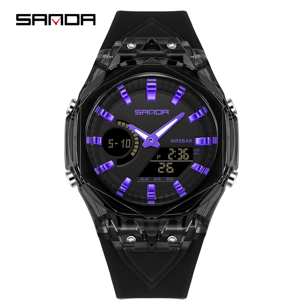 Relógio Despertador Estudantil Luminoso com Visor Duplo Resistente a Choques, Esportivo e Digital Moda MDUG (preto e Roxo)