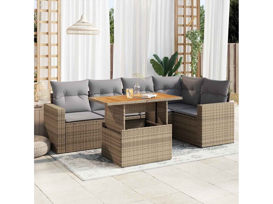 Vidaxl 6 Pcs Conjunto De Sofás P/ Jardim Com Almofadões Vime Pe Bege