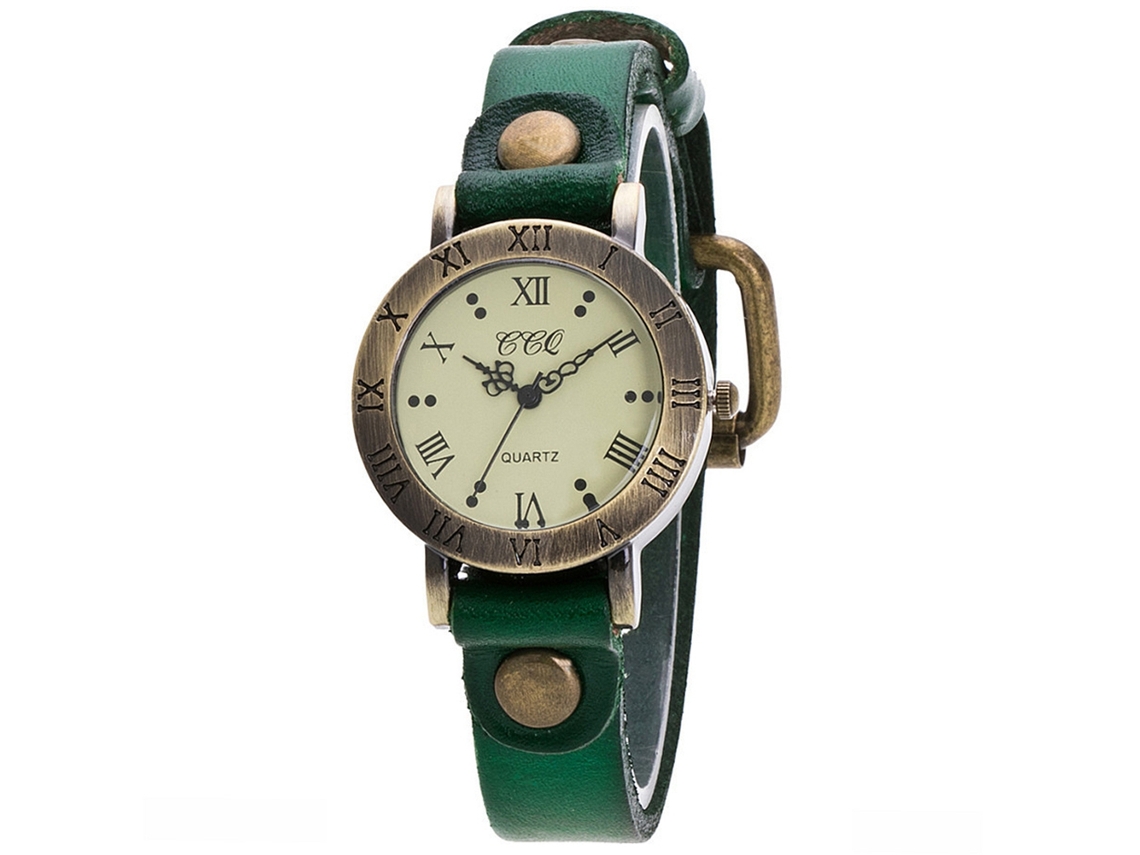Relógio de Pulso Feminino Punk Retro Números Romanos Pulseira Pu Verde