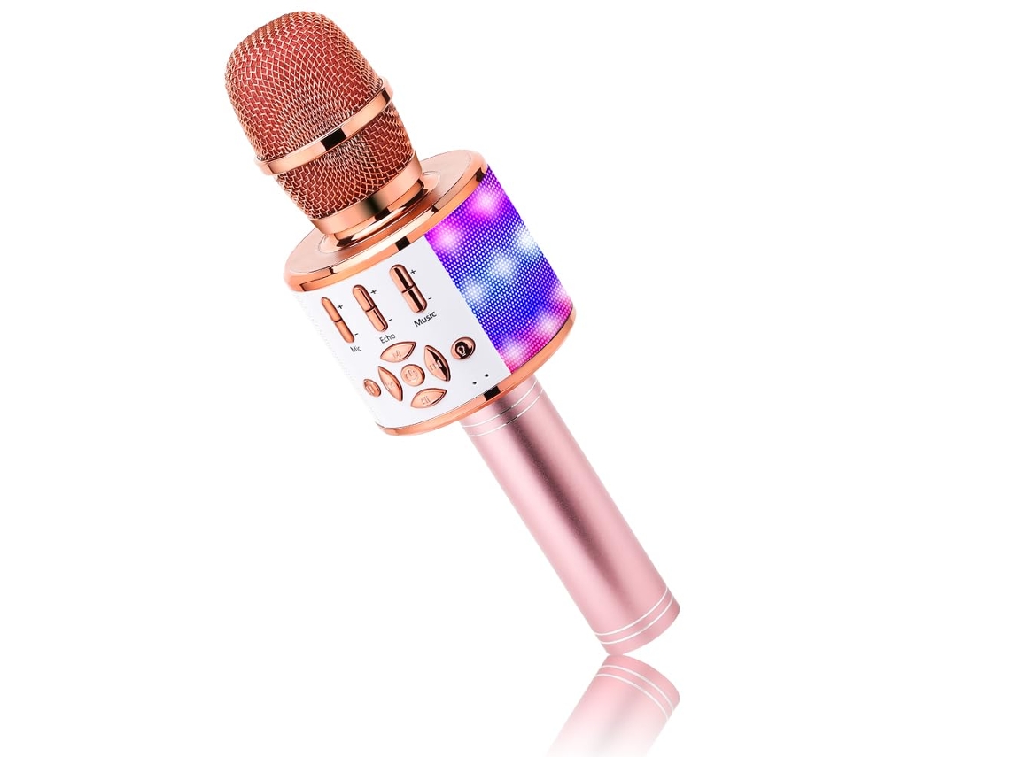Microfone De Karaokê Sem Fio Bluetooth Infantil Led Rosa