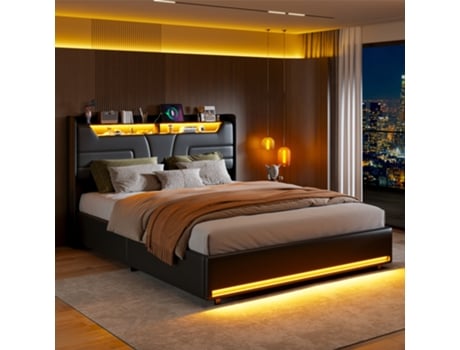 Cama Estofada, Cama De Casal 160x200, Led E Usb, Estrutura De Cama Com Arrumação Hidráulica, Quarto, Pu Preto, Sem Colchão Rosahqnda