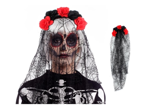 Tiara Catrina rosas pretas e vermelhas com véu