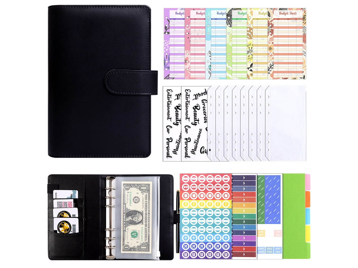 Amazon Macaron A6 Detachable Cover Loose Leaf Notebook Black, With 12-cash Budget Cards, 8-bill Pockets, 2-english