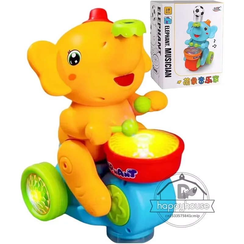 (amarelo) Brinquedo Musical Infantil Elefante Tamborileiro Que Anda, Com Luzes Led E Atividade Sensorial Musical