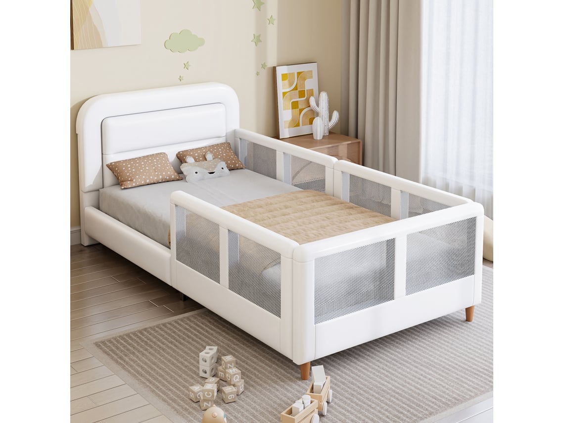 Cama Plataforma Acolchoada 90x200cm Com Grade De Segurança, Branca.
