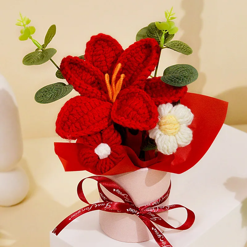 (vermelho) 1 Peça De Buquê De Crochê Feito À Mão, Buquê Tricotado, O Presente Perfeito