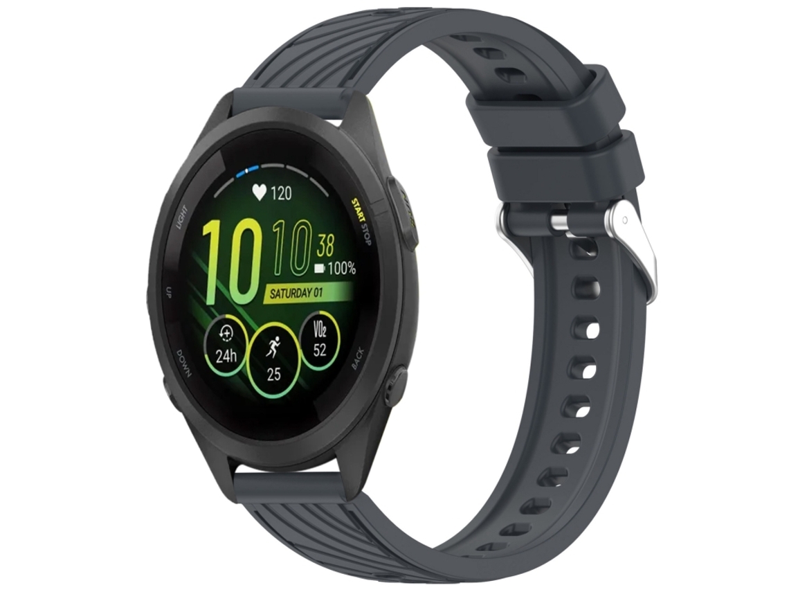 Bracelete Para Garmin Forerunner 265s (18mm) - Silicone - Textura Listrada - Fivela De Aço Prate Cinza Escuro
