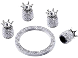Conjunto De 5 Protetores De Poeira Para Pneus Em Abs E Liga Metálica Com Strass Brancos, E Capa Para Chave.