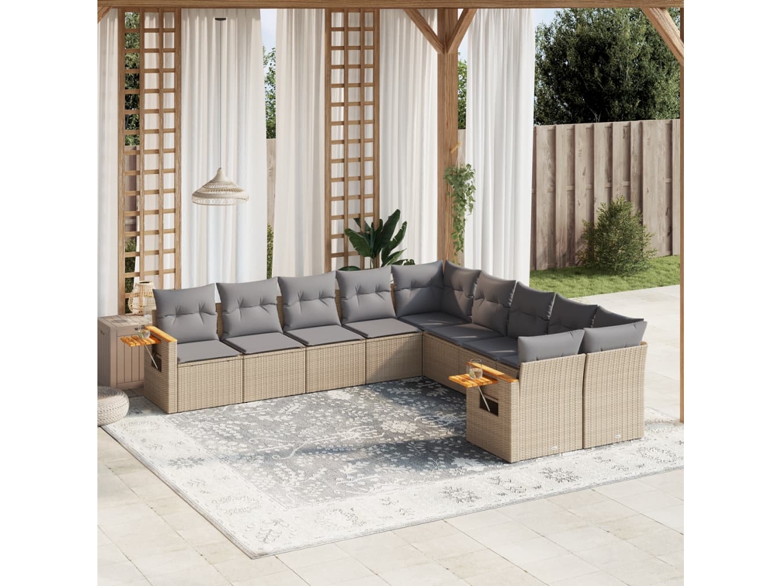 10 Pcs Conjunto De Sofás P/ Jardim Com Almofadões Vime Pe Bege Dkd Home Decor
