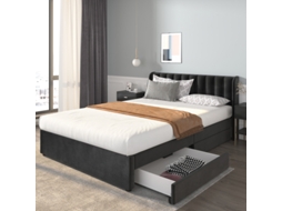Cama Estofada 160 X 200 Cm Veludo Com Estrutura De Ripas E Encosto, 2 Gavetas, Preto