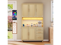 Aparador De Cozinha De 183 Cm, Com Luzes Decorativas Led Controladas Por Aplicação, 2 Portas Usb, 2 Tomadas, Prateleiras Ajustáveis