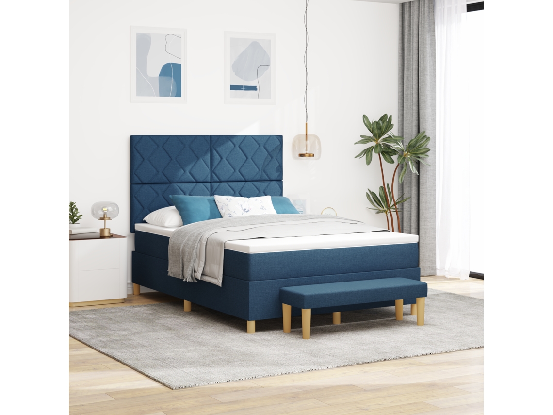 Cama Box Spring Com Colchão Banco Azul 140x200 Cm Tecido
