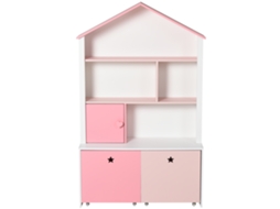 Estante De Madeira Infantil De Livros Para Crianças Com 4 Compartimentos 1 Porta E 2 Gavetas Removíveis Com Rodas Para Brinquedos 80x34x130cm Rosa