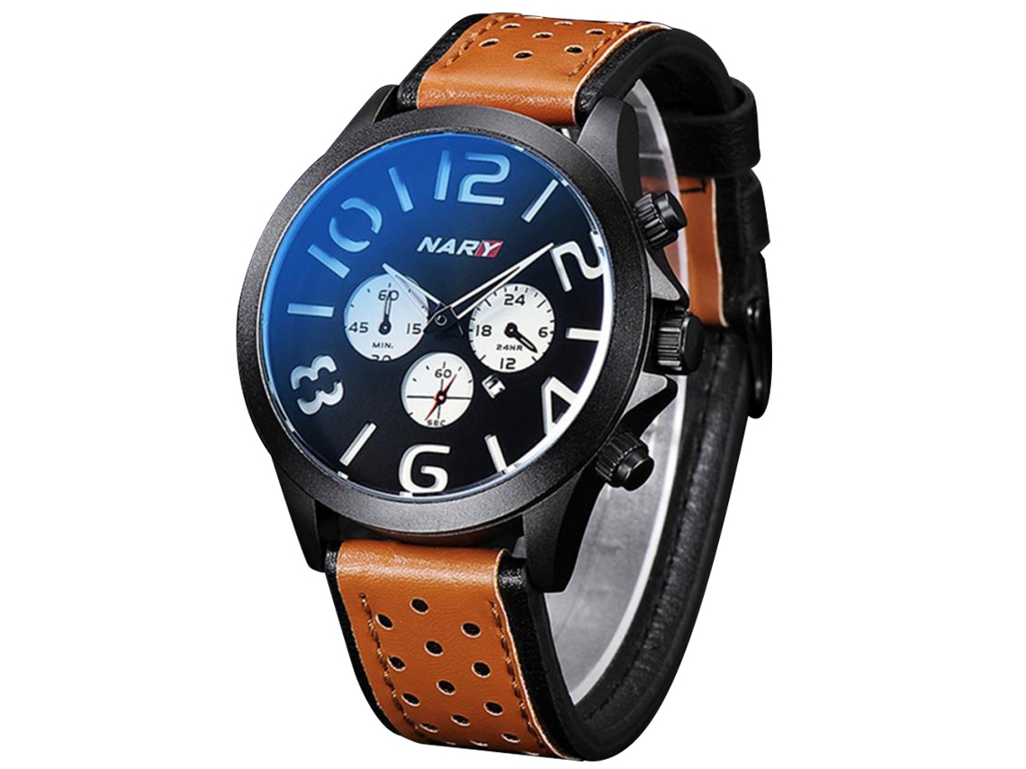 Reloj De Cuarzo Impermeable Nary Con Correa De Cuero Pu Para Hombre (marrón Blanco)
