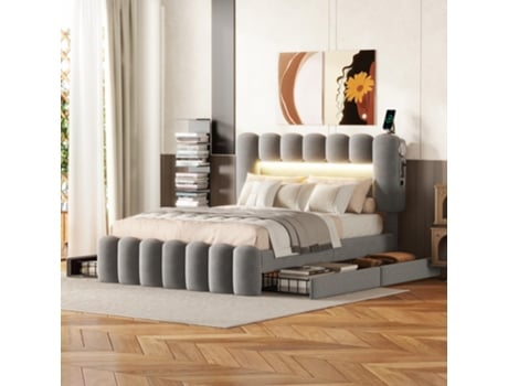 Cama Estofada 140x200 Led 4 Gavetas Estrado Cabeceira Ajustável Em Altura Usb Estéreo Veludo Cama Juvenil Flieks (sem Colchão)