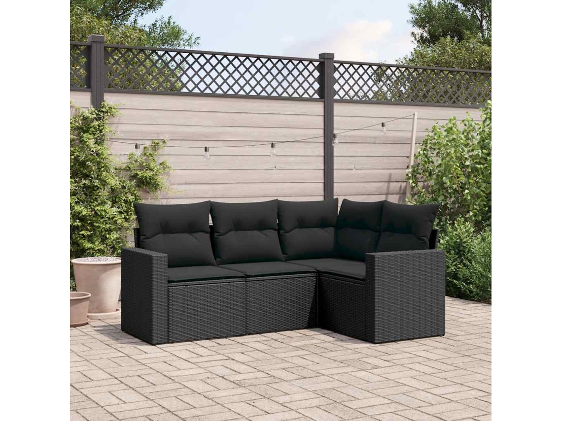 Vidaxl 4 Pcs Conjunto De Sofás Para Jardim C/ Almofadões Vime Pe Preto