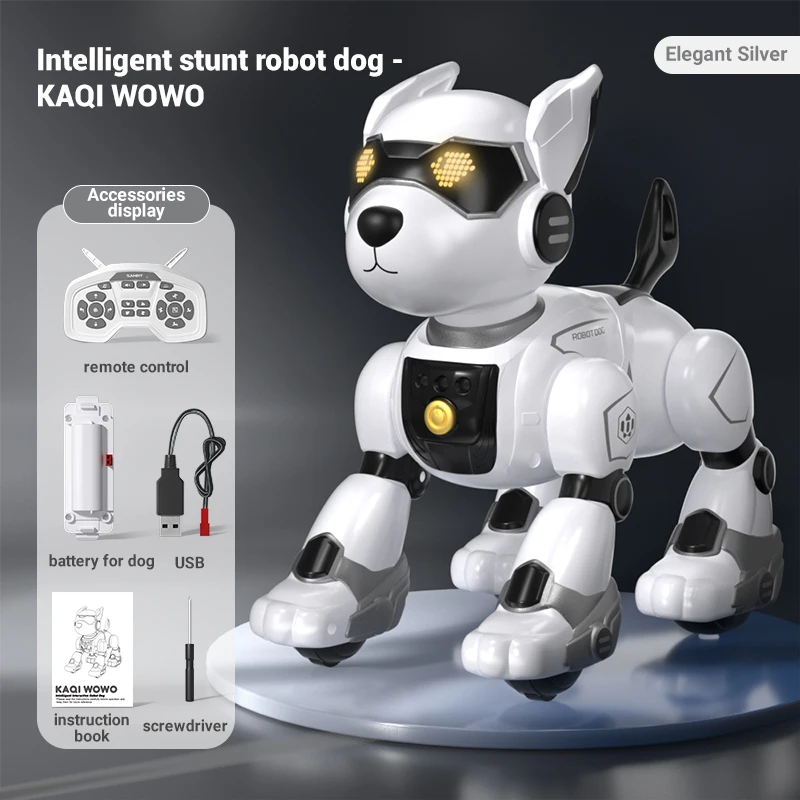 (prateado) Cão Robô Elétrico, Controle Remoto Programável Inteligente, Sensor De Gestos Por Toque, Cão Mecânico Ativado Por Voz